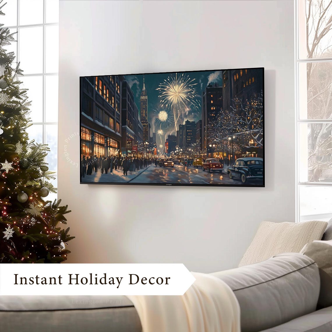 New Years Fireworks Over Vintage City Street Night Frame TV Art Poster - Image 4