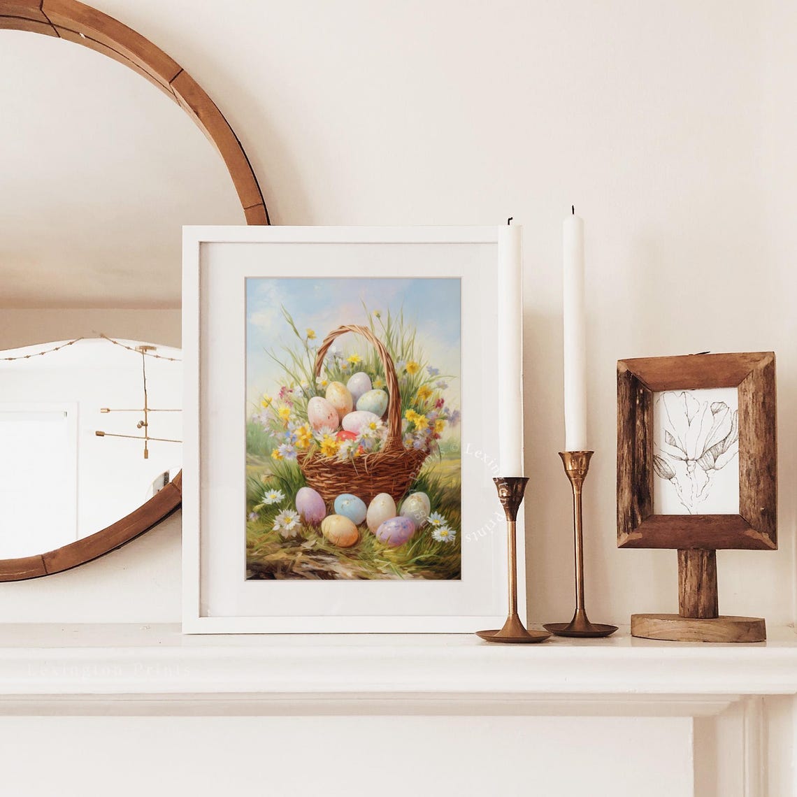 Pastel Easter Eggs in Wicker Basket With Spring Flowers Art Print - Image 4