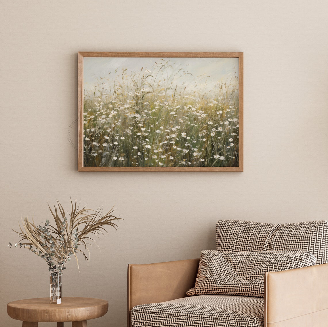 Misty Wildflower Meadow Daisy Field Soft Neutral Landscape Poster - Image 3