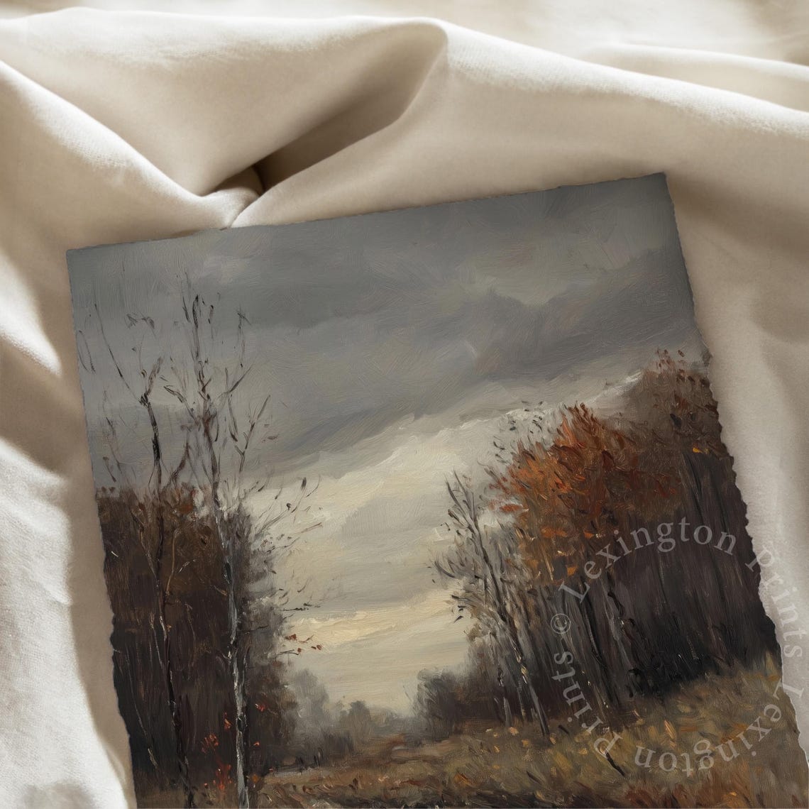 Misty Stream Through Autumn Woods Stormy Sky Oil Painting Poster - Image 6