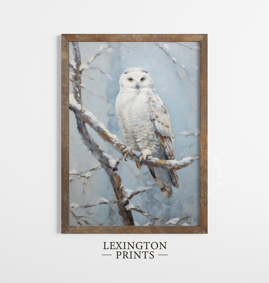 Snowy White Owl Perched on Branch Winter Wildlife Painting Poster - Image 4
