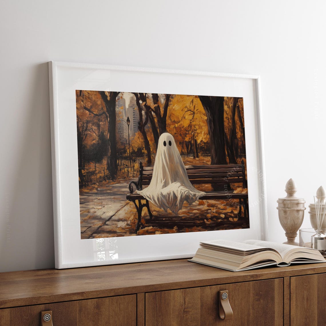 Cute Sheet Ghost on Park Bench Autumn Halloween Scene Poster - Image 5