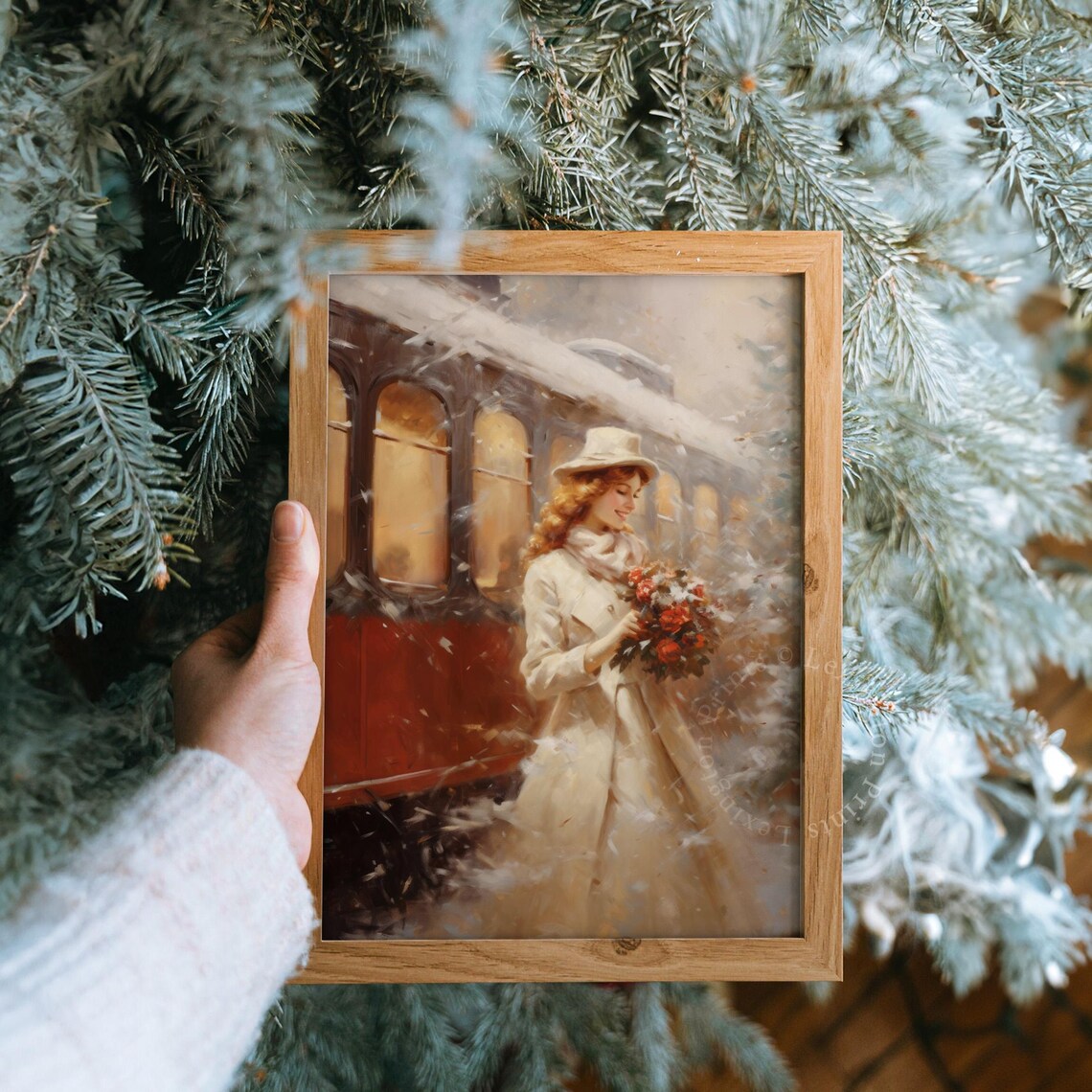 Vintage Christmas Woman Winter Train Red Bouquet Oil Painting Poster - Image 8