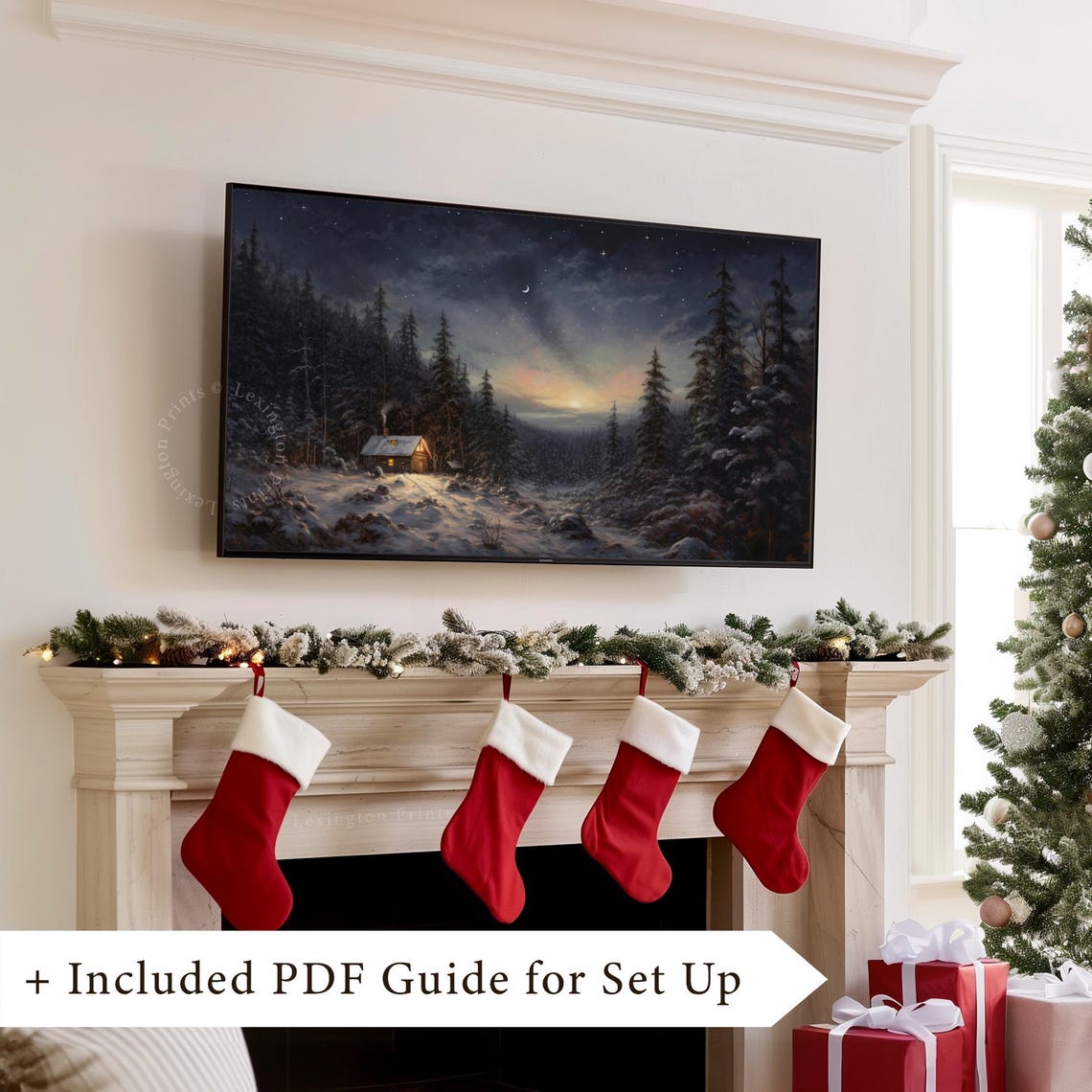 Snowy Cabin Night Forest Crescent Moon Starry Sky Frame TV Art Poster - Image 7