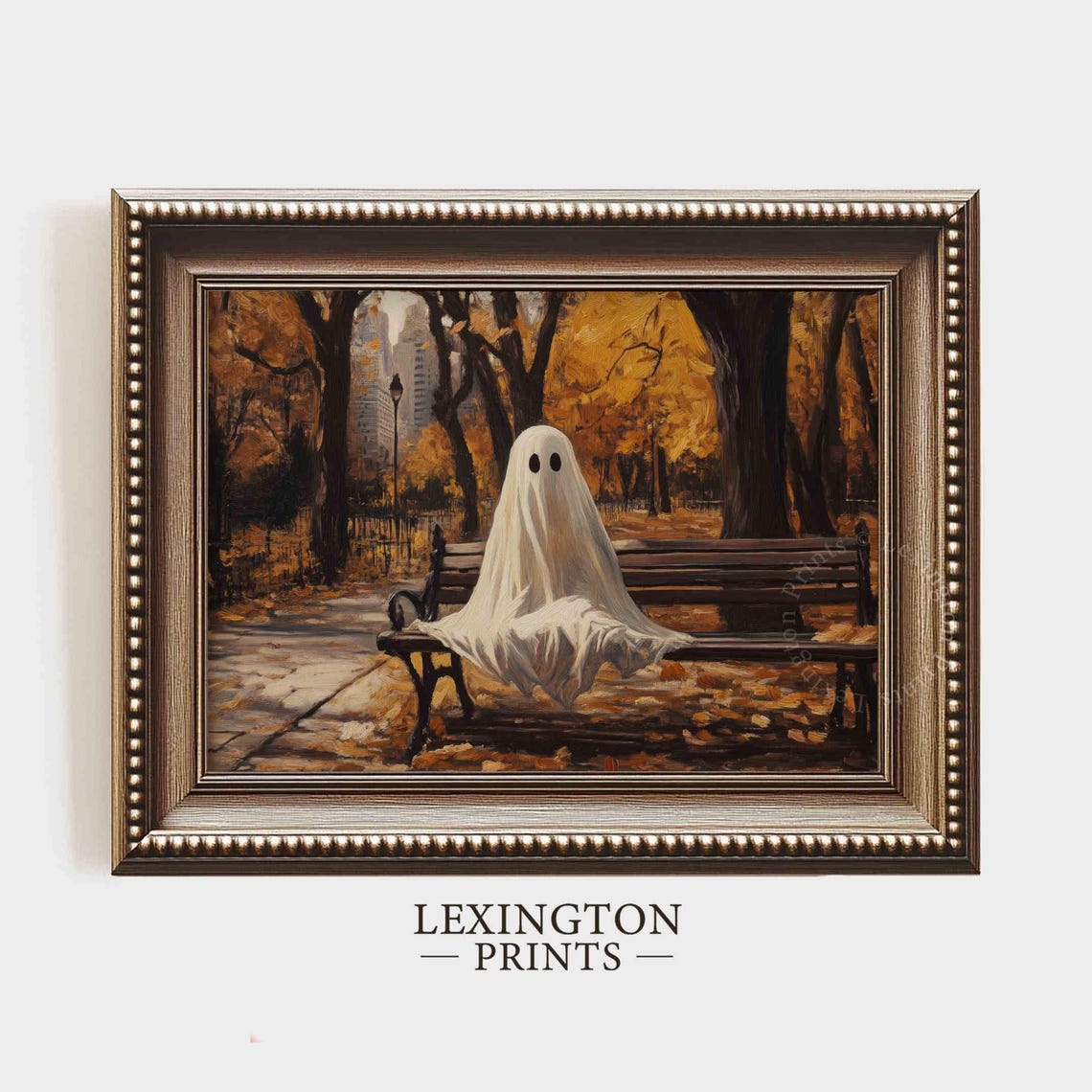 Cute Sheet Ghost on Park Bench Autumn Halloween Scene Poster - Image 6