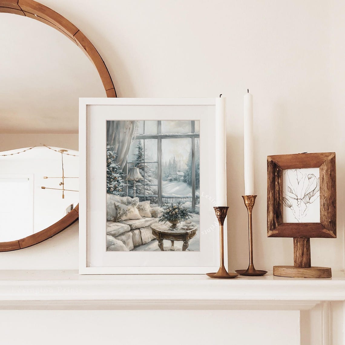 Cozy White Living Room Overlooking Snowy Pine Forest View Poster - Image 2