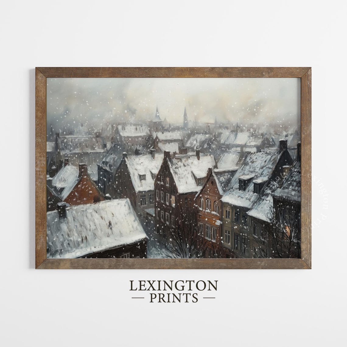 Snowy Old Village Rooftops in Winter Impressionist Scene Poster