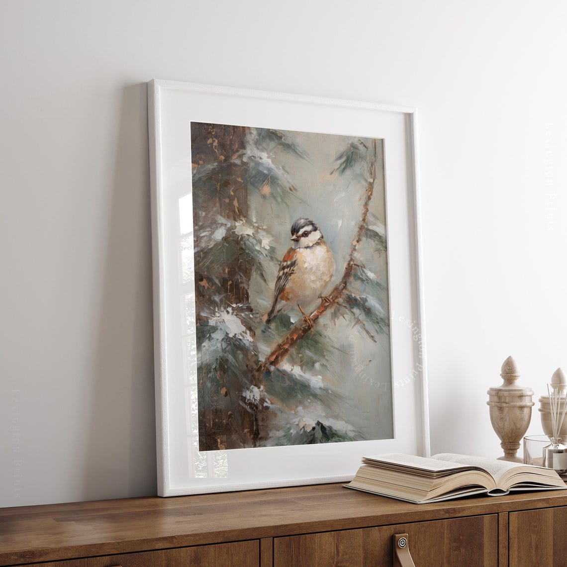Chickadee Winter Bird Snowy Pine Branch Vintage Painting Art Poster - Image 3