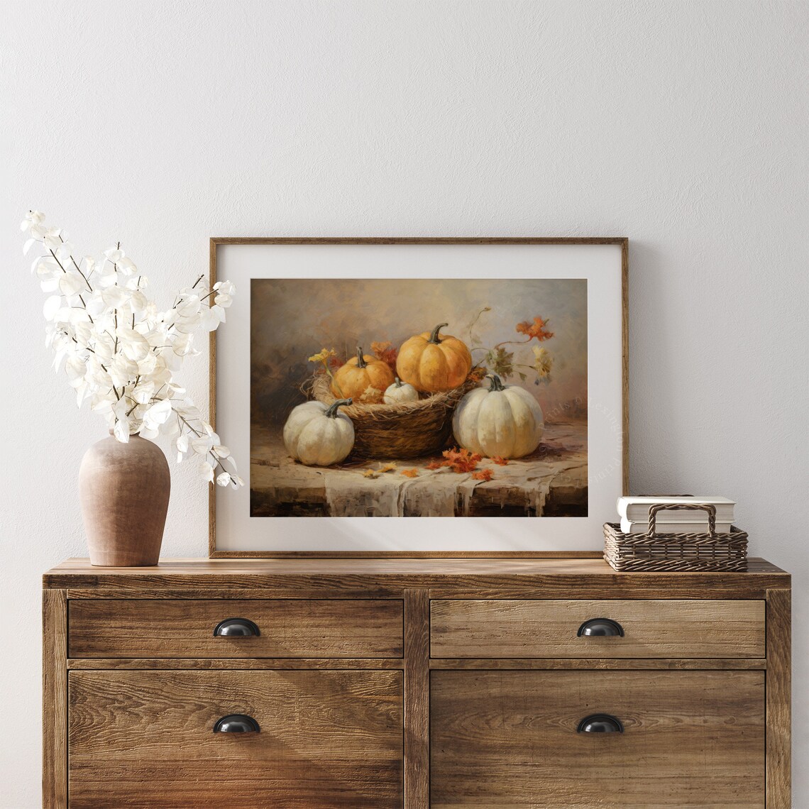 Cozy Rustic Pumpkin Harvest Basket Autumn Farmhouse Still Life Poster - Image 7