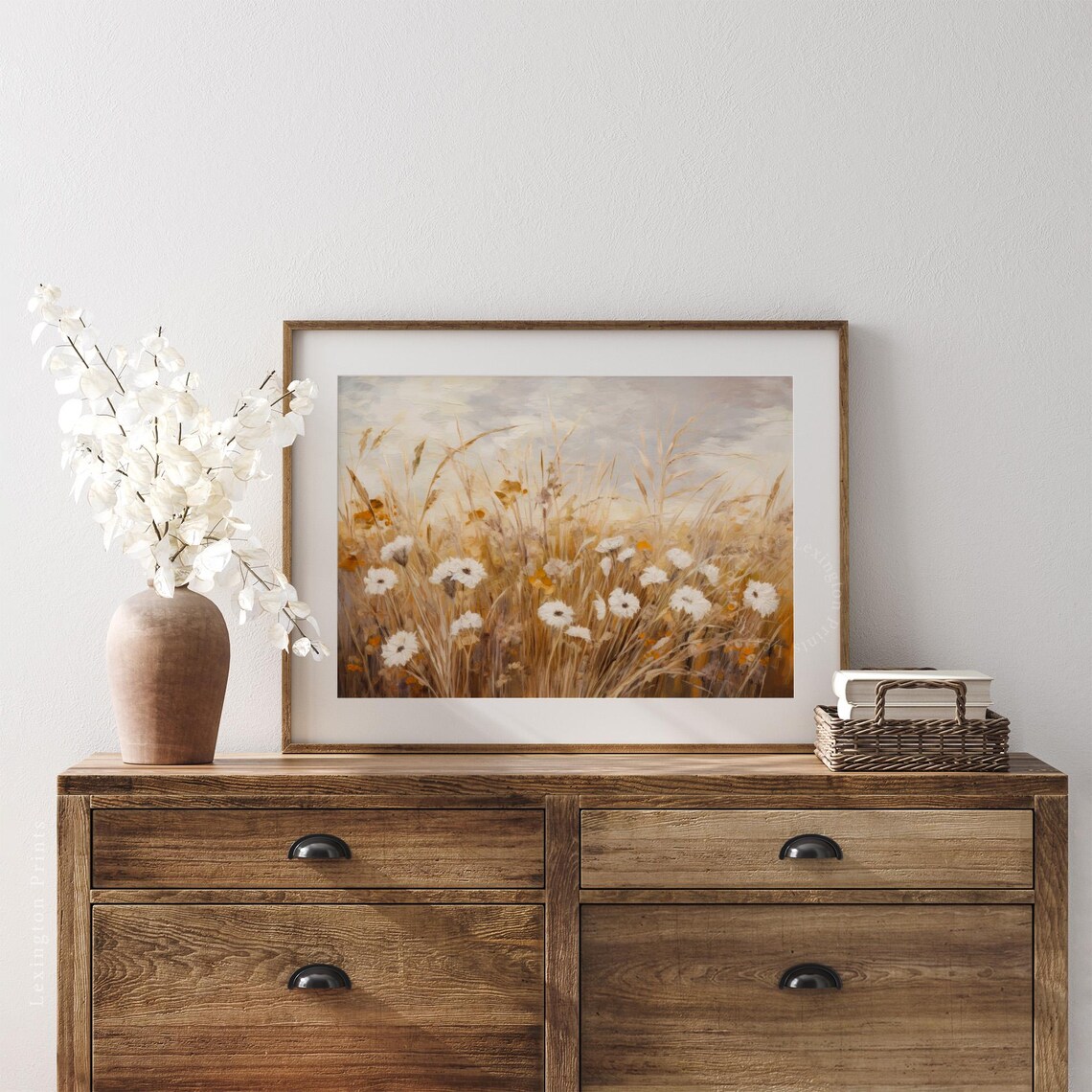 White Wildflowers in Golden Summer Wheat Field Meadow Poster - Image 3