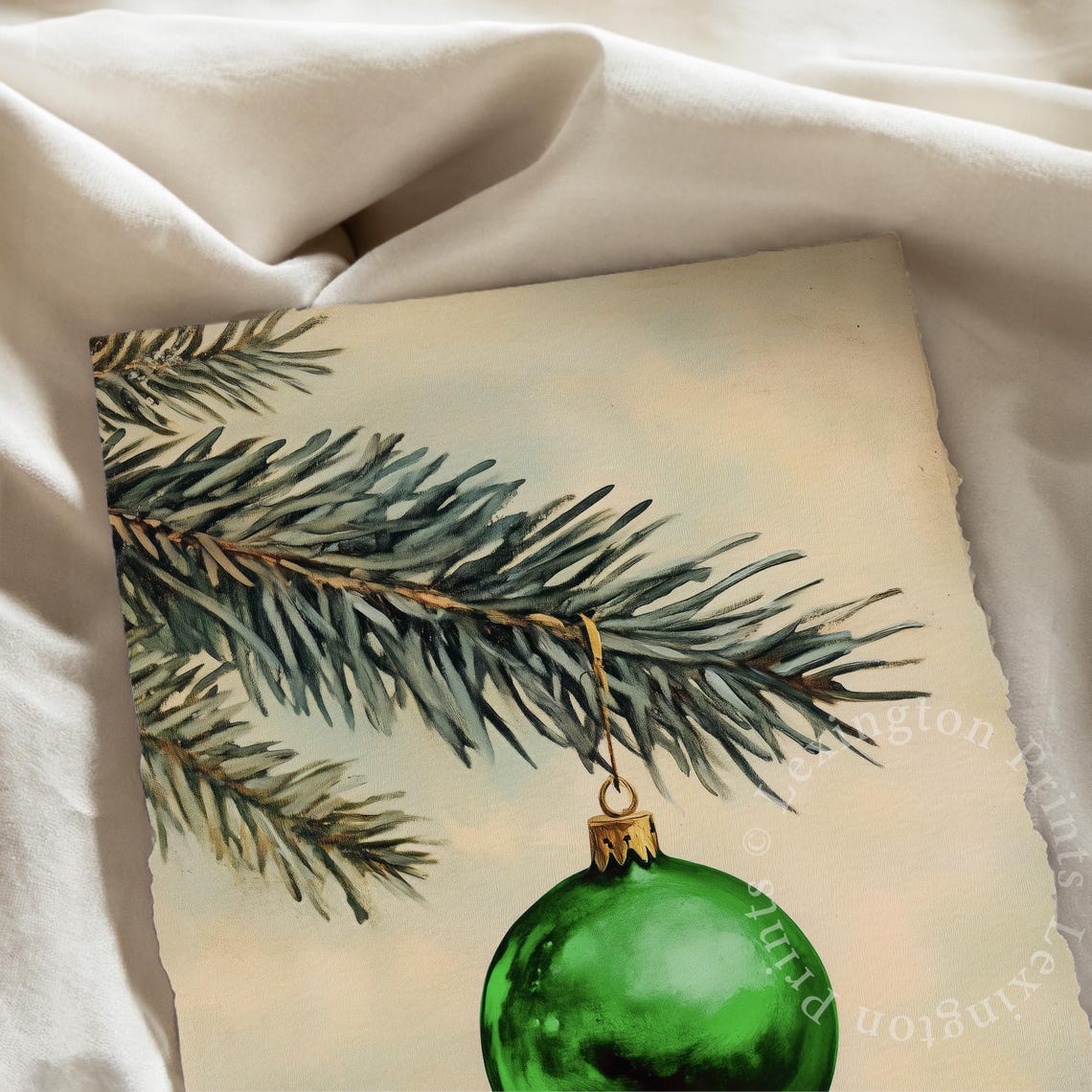 Green Christmas Ornament on Pine Branch Minimal Oil Painting Poster - Image 6