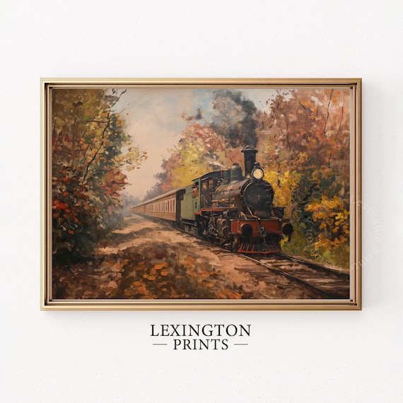 Steam Locomotive Autumn Forest Vintage Train Oil Painting Travel Poster