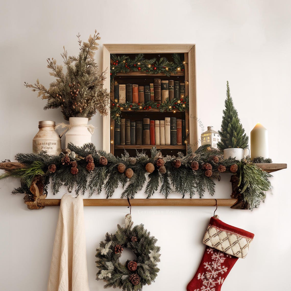 Christmas Bookshelf With Pine Garland And Twinkle Lights Cozy Poster - Image 7
