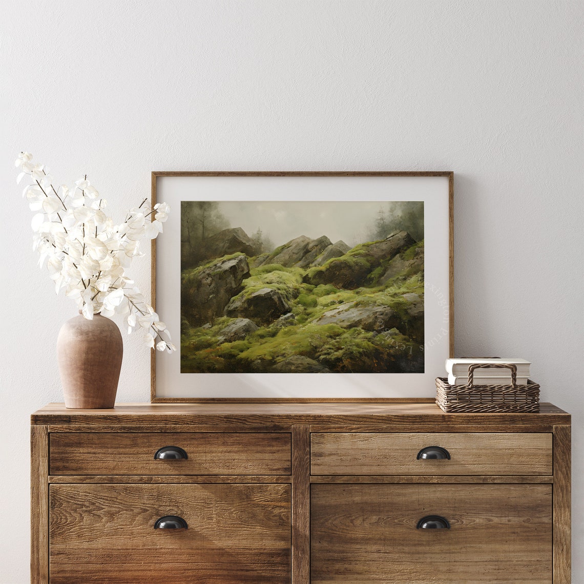 Moss Covered Rocks in Misty Green Forest Oil Painting Poster - Image 7