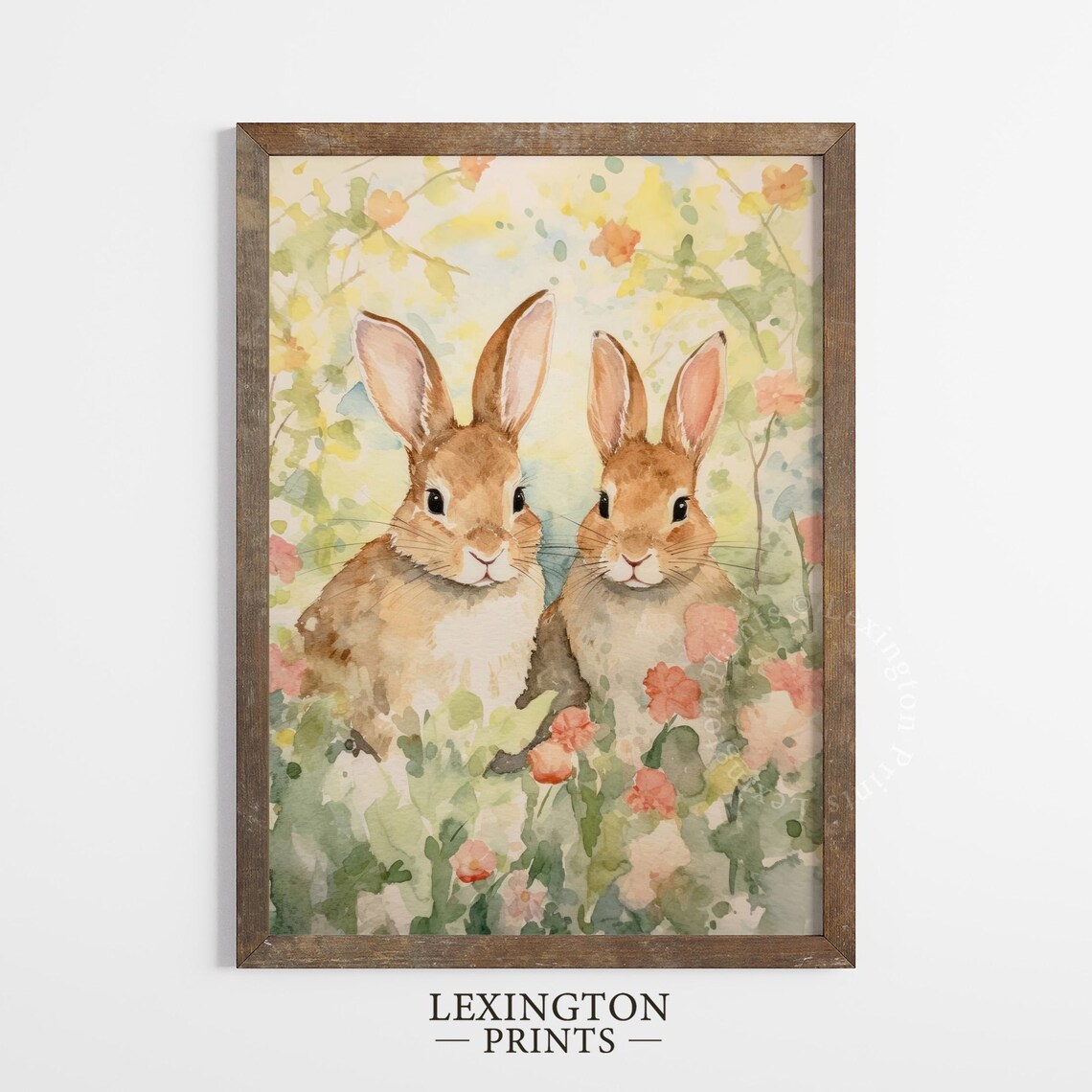 Two Bunnies in a Spring Garden Watercolor Bunny Rabbit Poster - Image 4