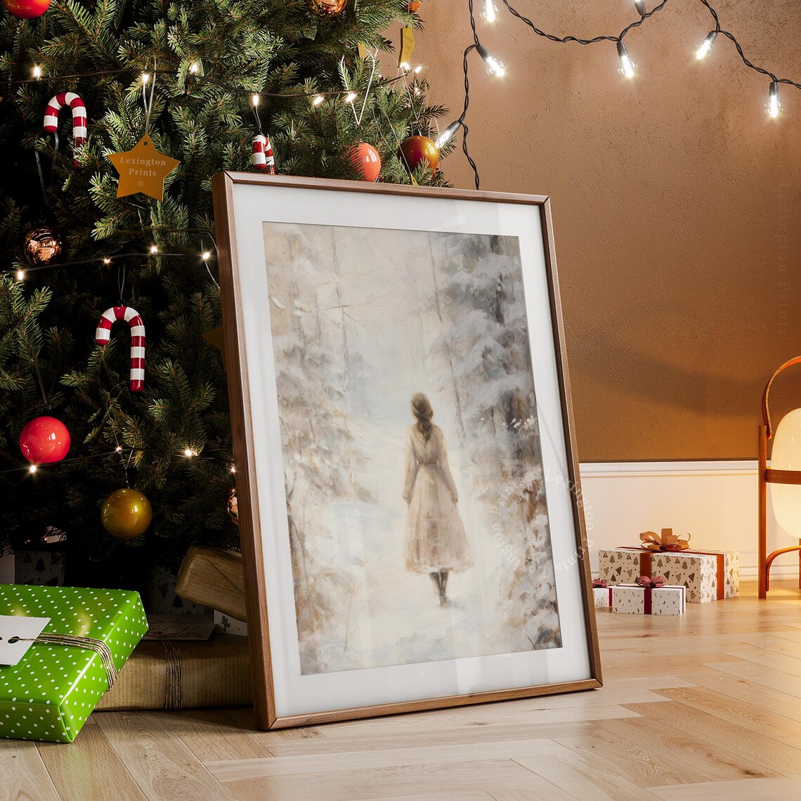 Woman in White Dress Walking a Snowy Forest Path Winter Poster - Image 3