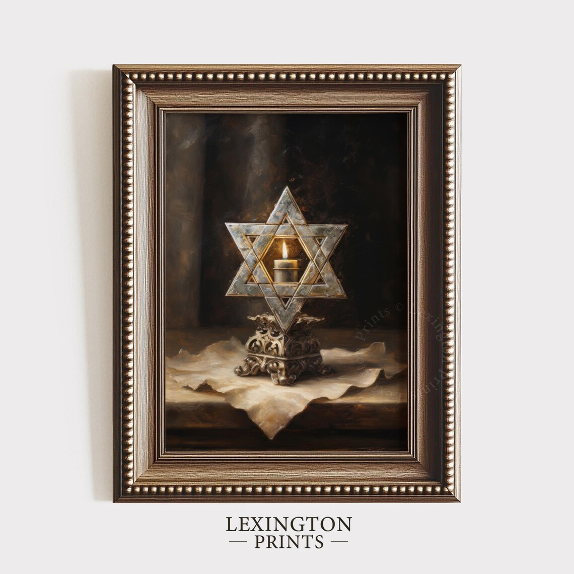Star of David Candle Holder with Lit Candle Jewish Oil Painting Print - Image 4