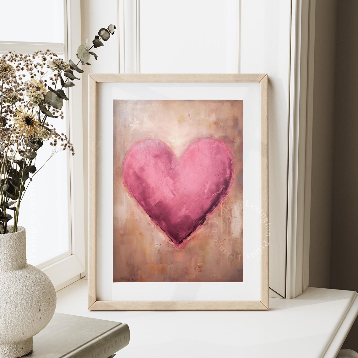 Valentines Pink Heart Print, Vintage Wall Art