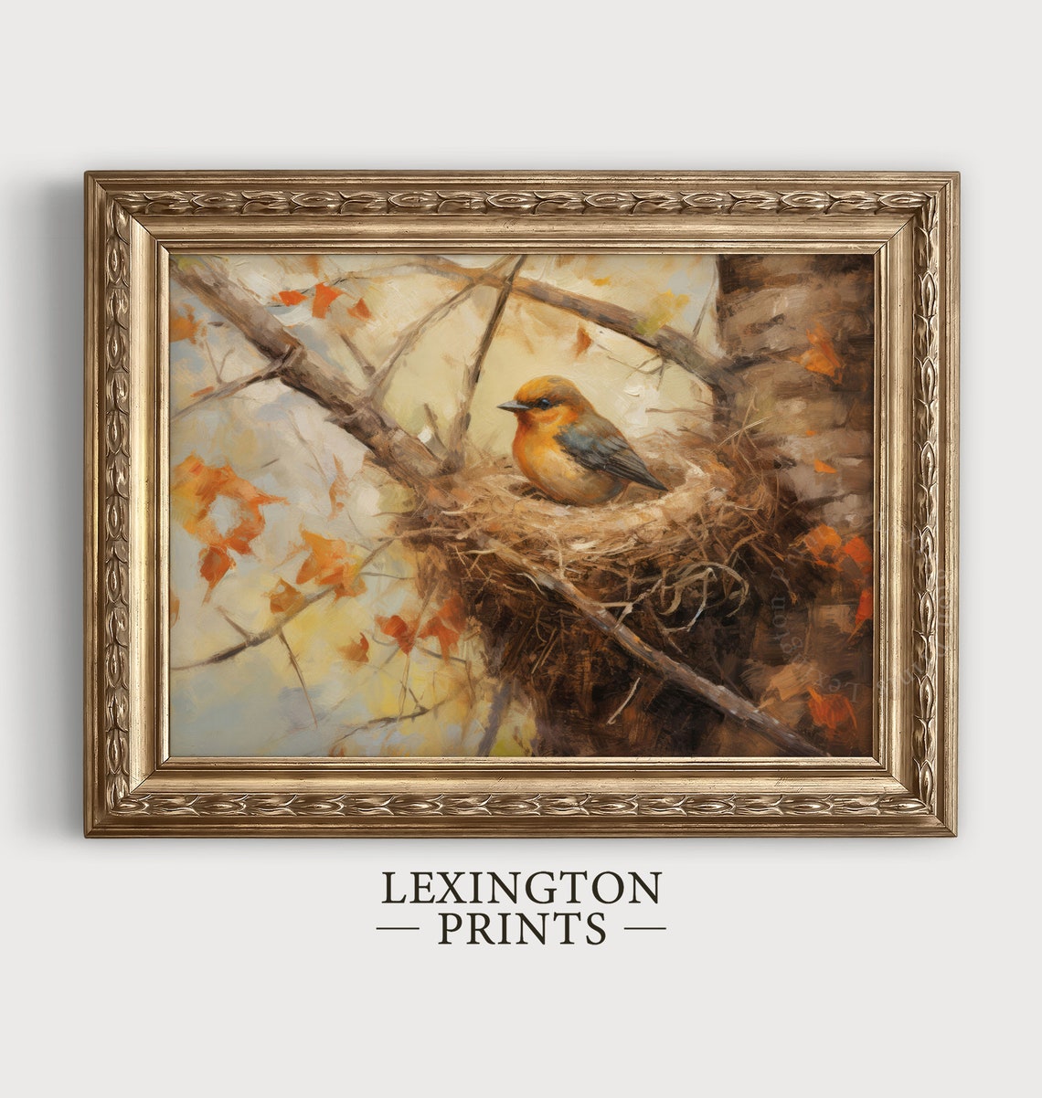 Orange Breasted Bird Resting in Nest Among Autumn Branches Poster - Image 4