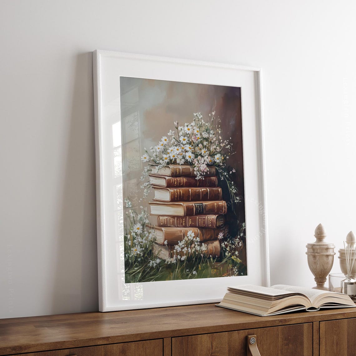 Vintage Books Stack Topped with Daisies Moody Floral Wall Art - Image 6