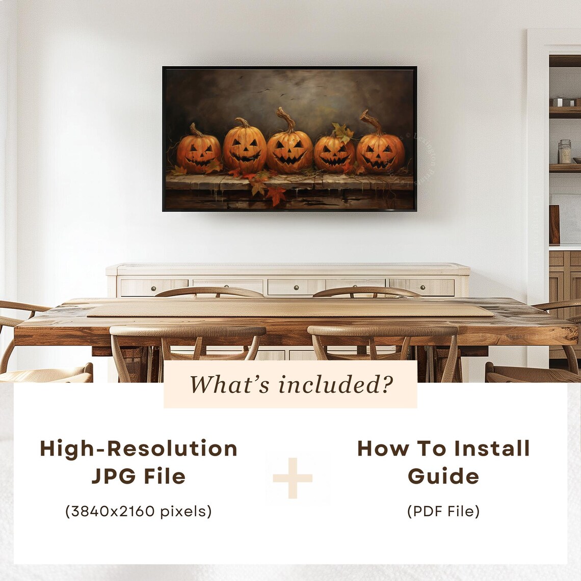 Five Jack O Lanterns Row Carved Pumpkins Wooden Ledge Halloween Frame TV Art Poster - Image 6