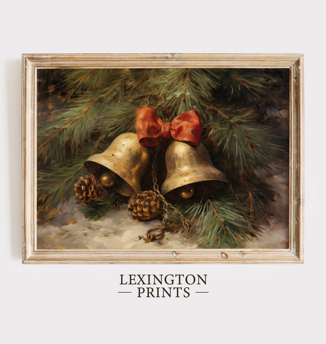 Vintage Brass Christmas Bells Pinecones Red Bow Rustic Wall Art