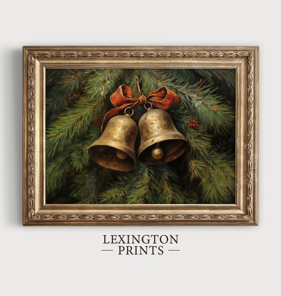 Christmas Brass Jingle Bells Pine Branch Red Bow Vintage Wall Art - Image 5