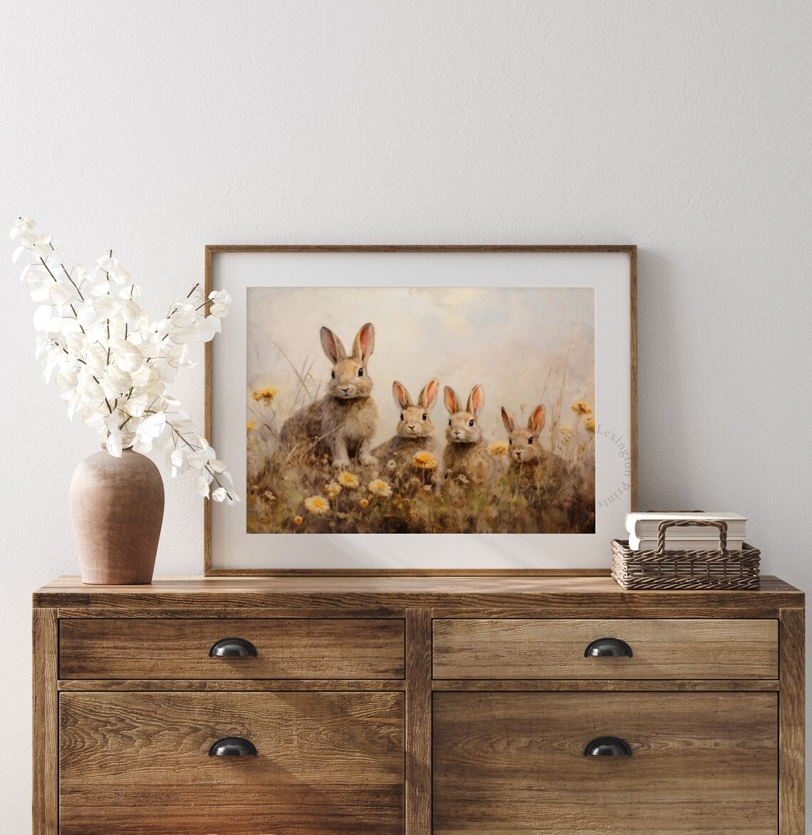 Four Bunnies in Spring Meadow with Yellow Flowers Vintage Wall Art - Image 8