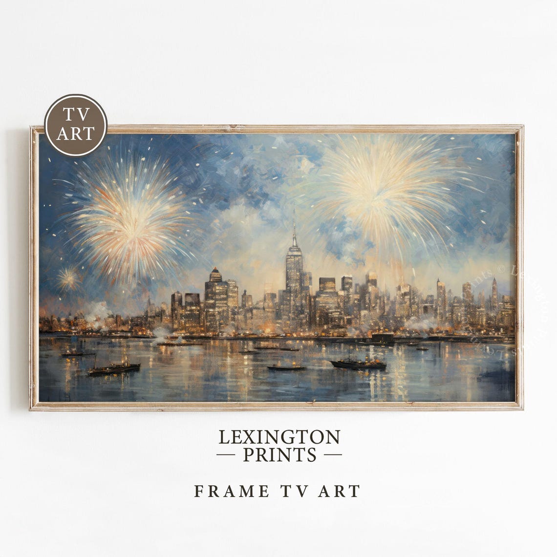 New York Skyline Fireworks Harbor Night Celebration Painting Poster