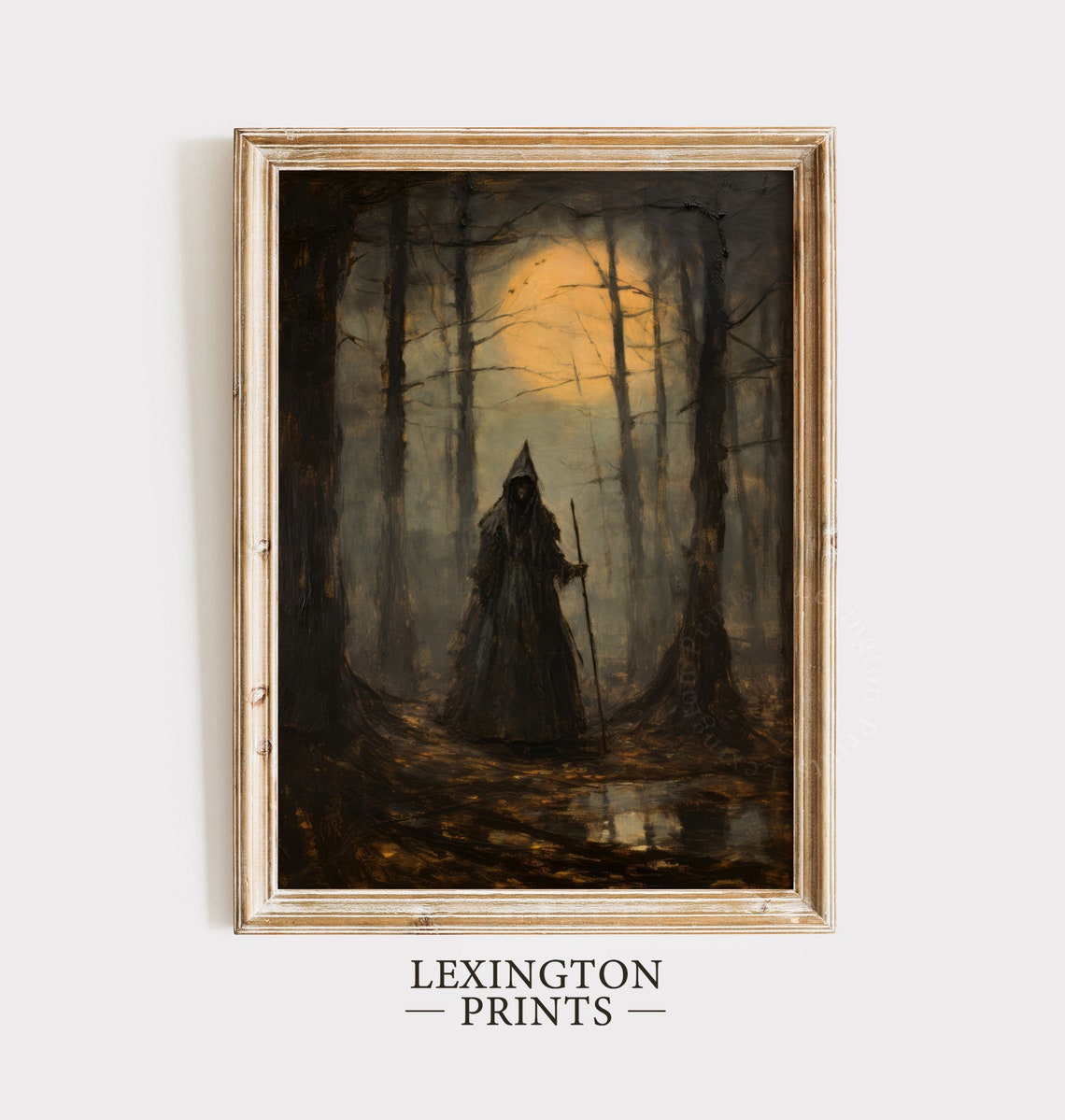 Dark Cloaked Witch With Staff Orange Moon Misty Forest Gothic Poster - Image 2