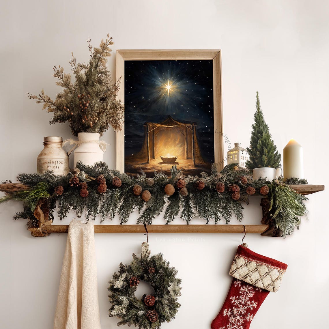 Nativity Scene Glowing Manger Stable Christmas Star Night Oil Poster - Image 8