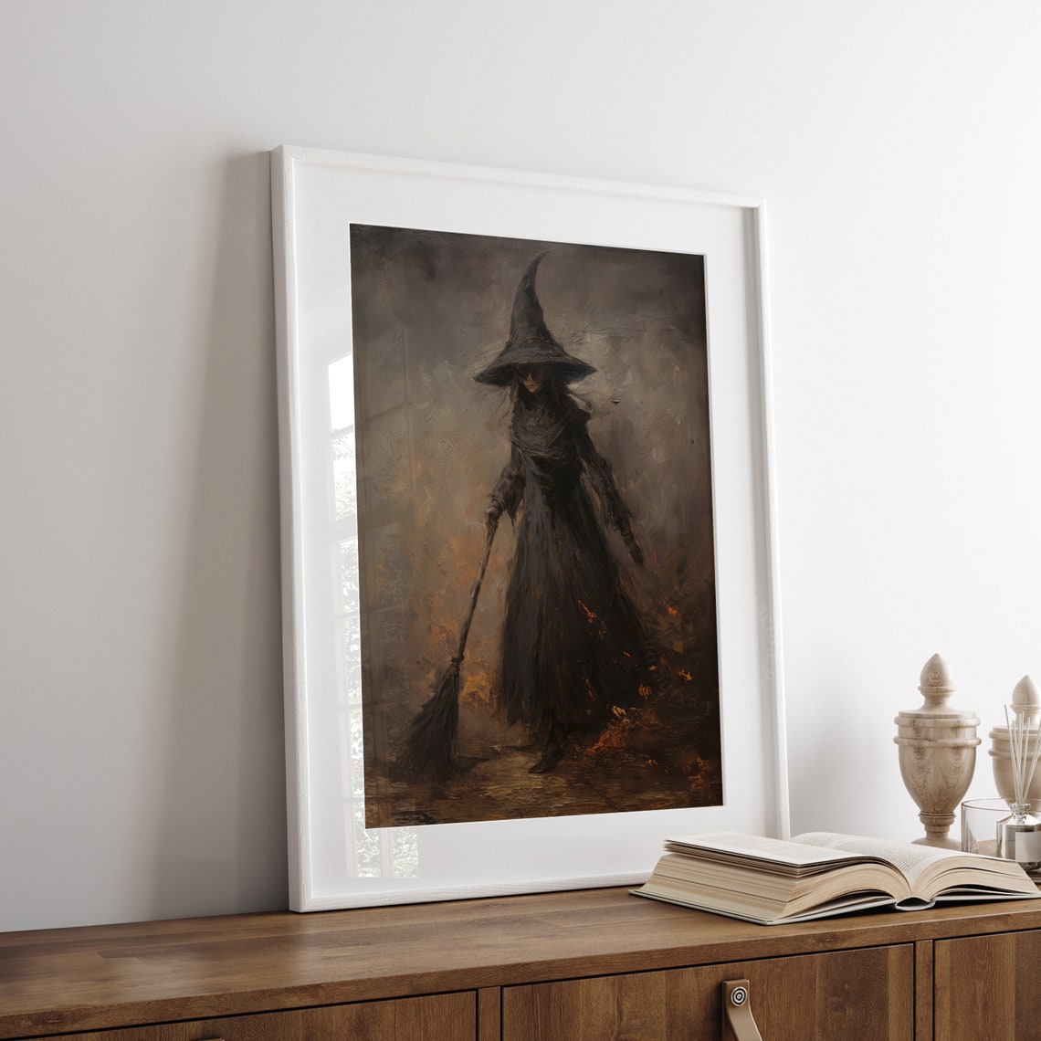 Dark Witch In Cloak Holding Broomstick Moody Halloween Oil Poster - Image 4