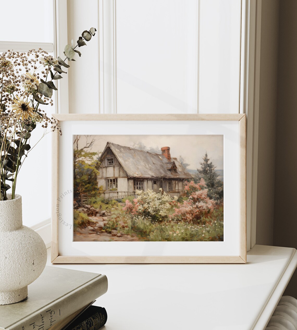 Rustic Old Cottage Pink Flower Garden Vintage Oil Painting Wall Art - Image 3