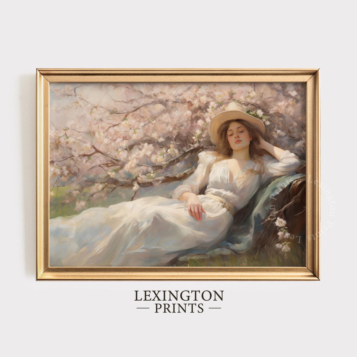 Woman Resting Under Cherry Blossom Tree in White Dress Spring Poster