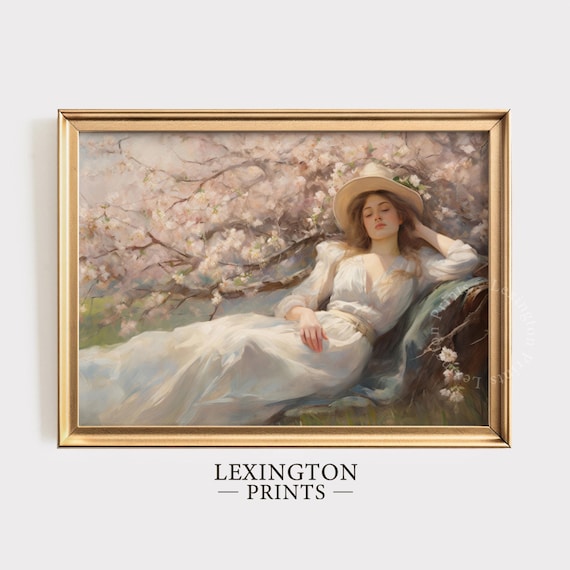 Woman Resting Under Cherry Blossom Tree in White Dress Spring Poster