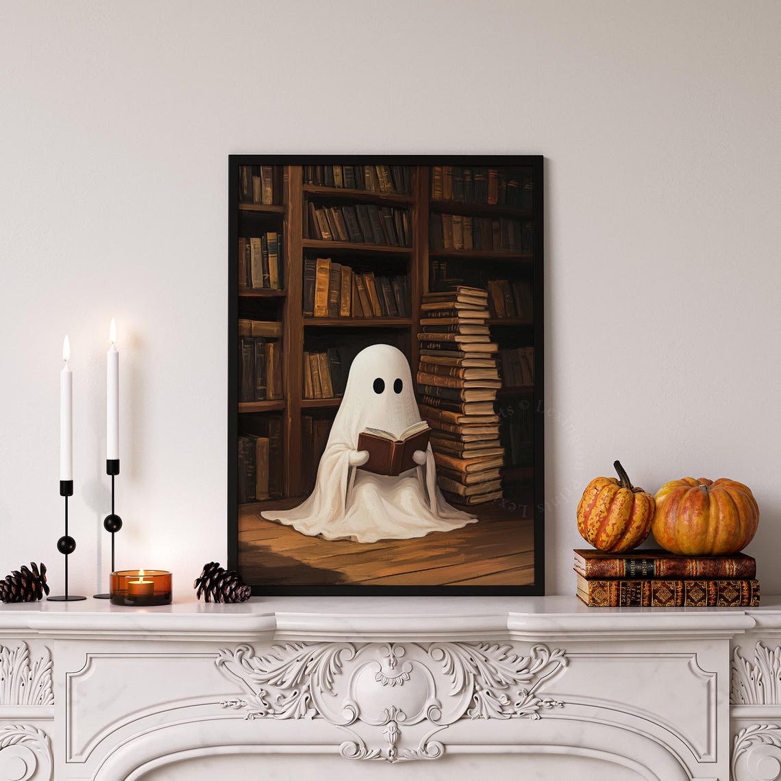 Cute Ghost Reading Book in Cozy Library Vintage Halloween Wall Art - Image 3