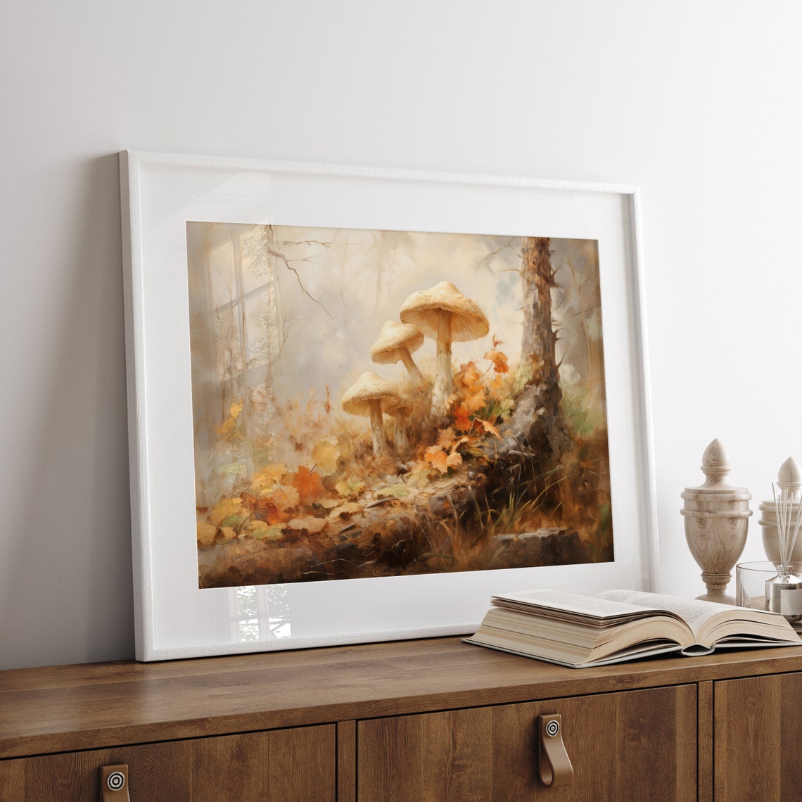 Cream Forest Mushrooms among Fall Leaves Woodland Decor Poster - Image 5