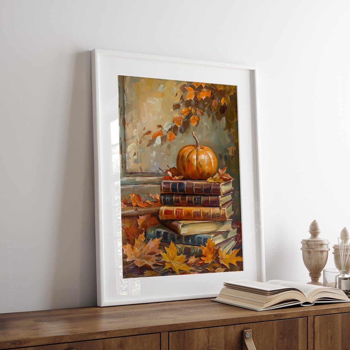 Pumpkin on a Stack of Vintage Books Cozy Fall Still Life Poster - Image 8