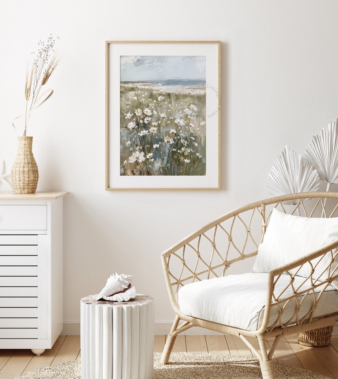 Coastal Wildflower Field with Ocean View Summer Vintage Wall Art - Image 3
