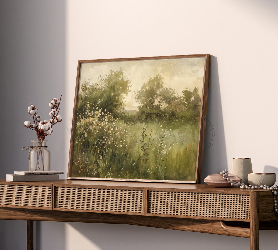 Green Summer Meadow with Wildflowers and Trees Peaceful Wall Art - Image 7