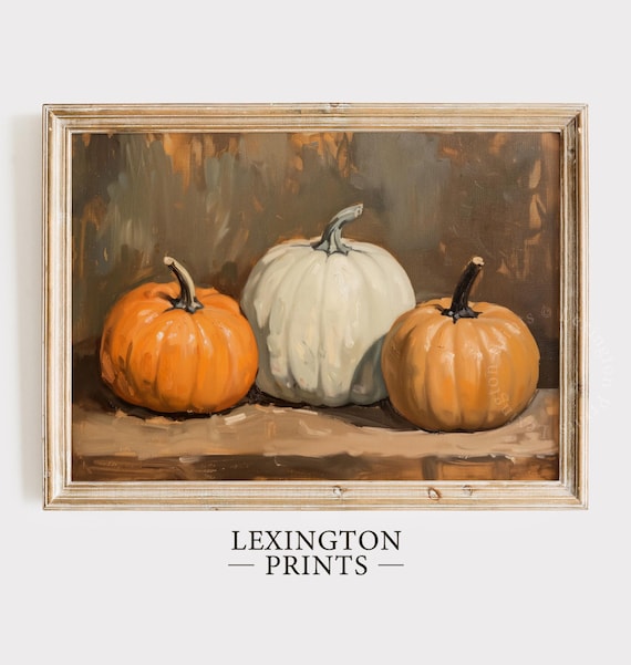 Three Orange and White Pumpkins Still Life Oil Painting Fall Poster