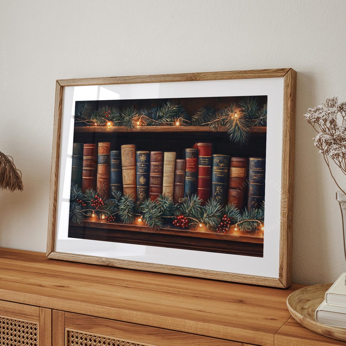 Vintage Books with Pine Garland Christmas Library Decor Poster - Image 8