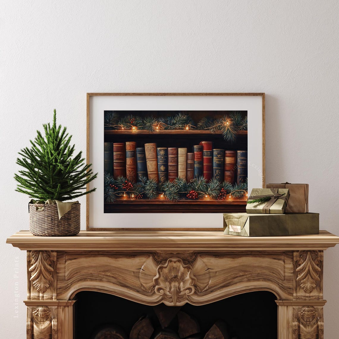 Vintage Books with Pine Garland Christmas Library Decor Poster - Image 3