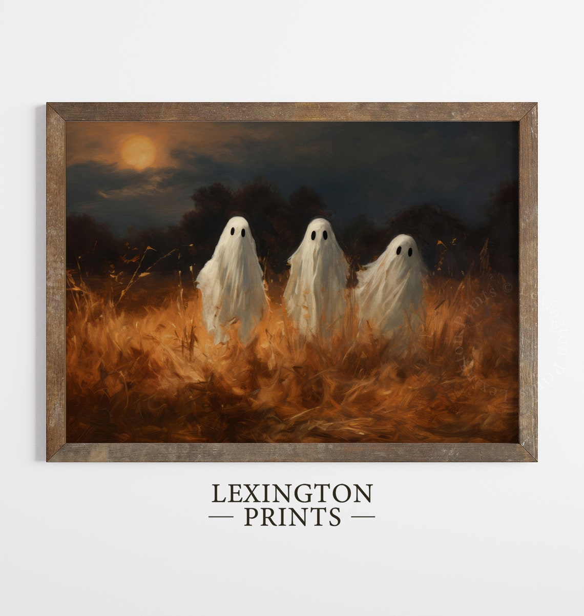 Three Ghosts in Golden Field Under Full Moon Halloween Night Poster - Image 3