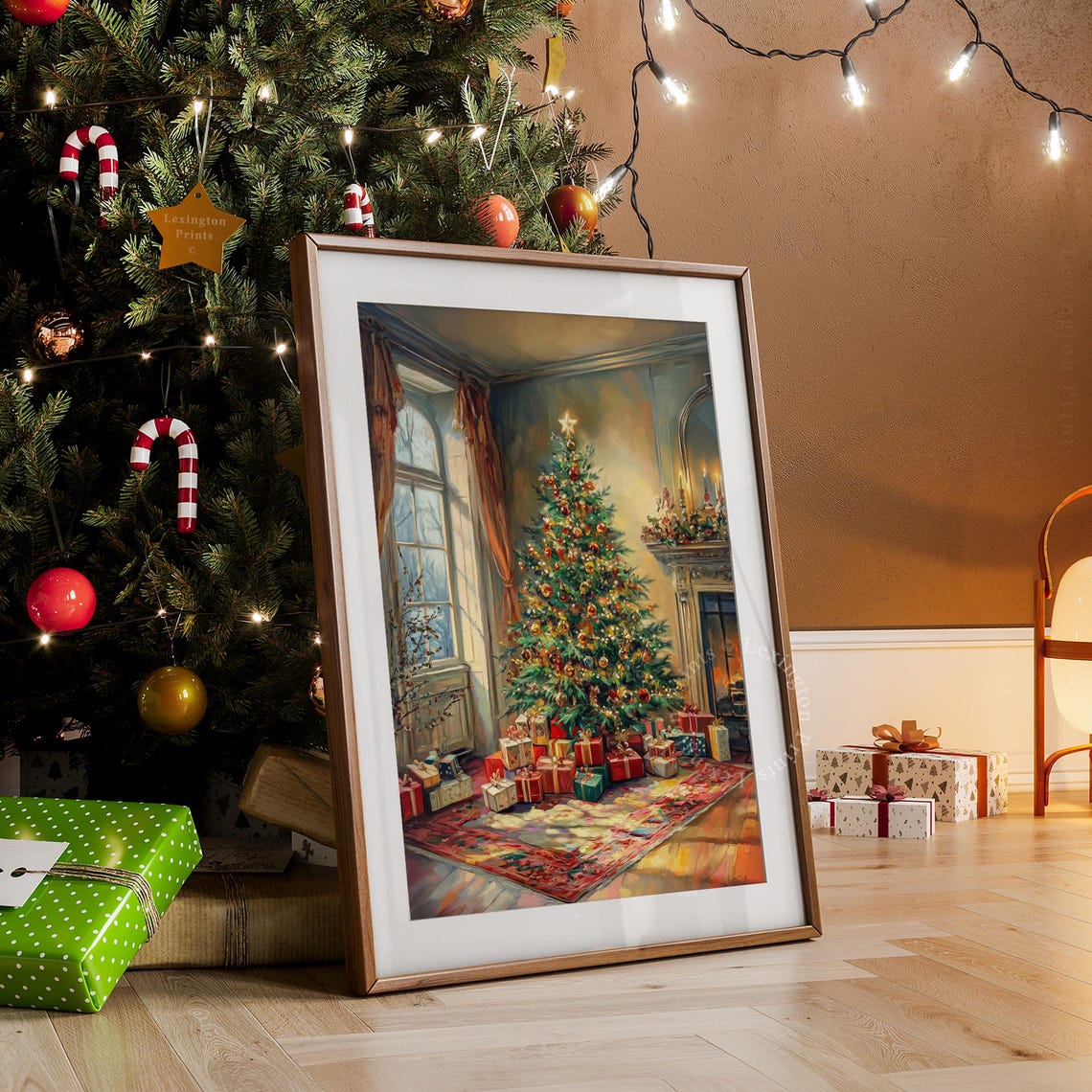 Christmas Tree in Elegant Parlor with Gifts and Fireplace Poster - Image 3