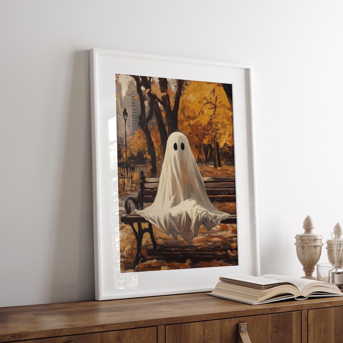 Ghost Sitting on Park Bench Autumn Foliage Oil Painting Fall Poster - Image 5