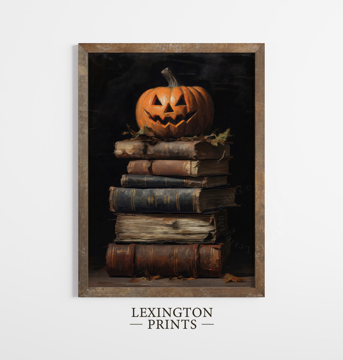 Jack-o-Lantern on Stack of Antique Books Dark Halloween Oil Poster - Image 8