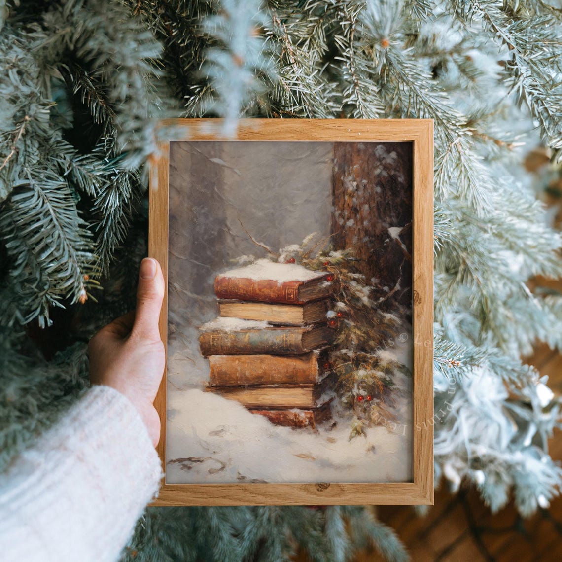 Stack Of Snow-Covered Vintage Books Beside Pine Tree Winter Poster - Image 8