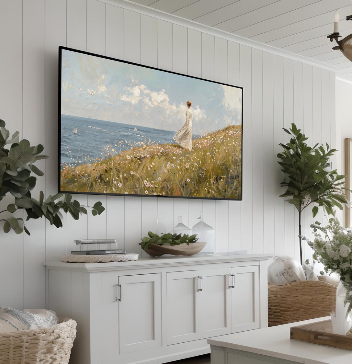 Woman on a Wildflower Cliff Above the Sea Coastal Painting Poster - Image 3