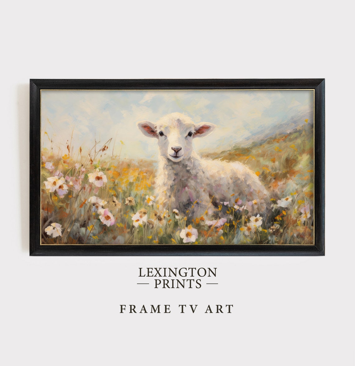 White Lamb in Wildflower Meadow Spring Scene Frame TV Art Poster - Image 4